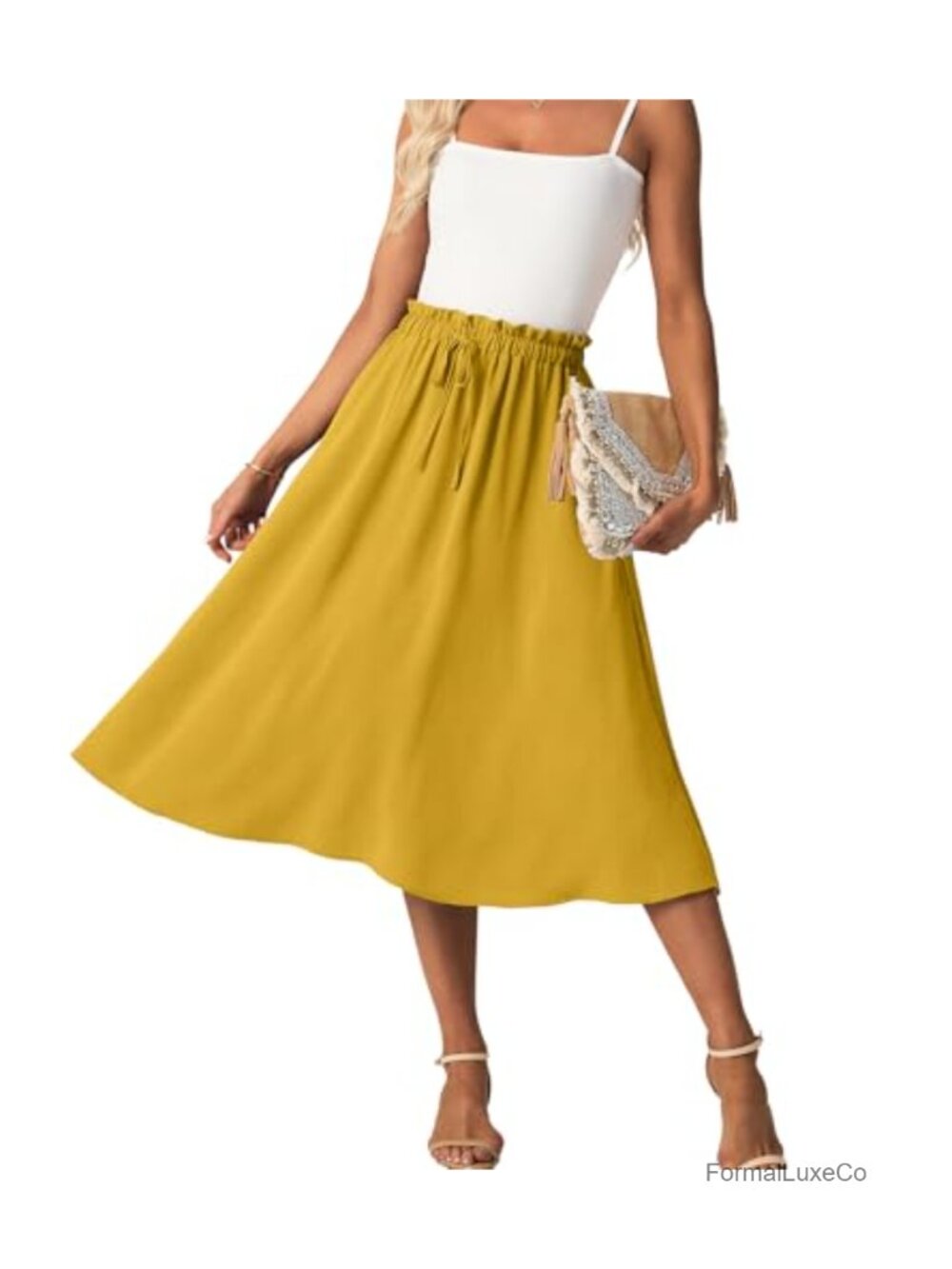 Women High Waist A-Line Midi Skirt Below Knee Flowy with Pockets